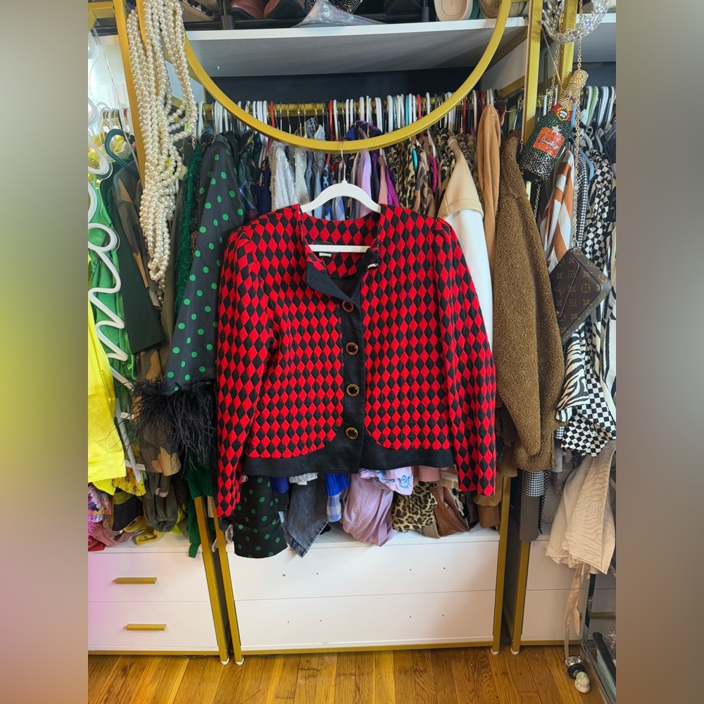 Vintage Michael Allen Ltd Red & Black Argyle Knit Cardigan Sweater - Size 14